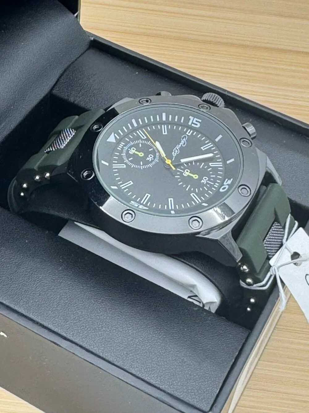 Ed Hardy Men's Gunmetal Watch Black Dial Green Silicone Strap Chronograph